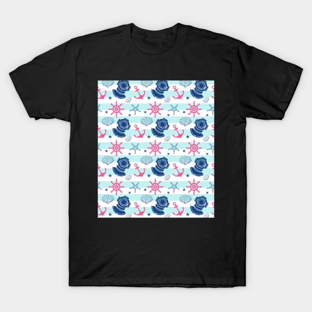 Nautical Wheel Anchor Pattern Pink Blue Aqua T-Shirt by dreamingmind